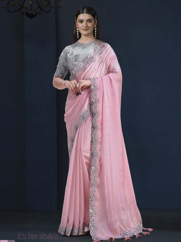 Pink Crepe Satin Silk Party Wear Saree